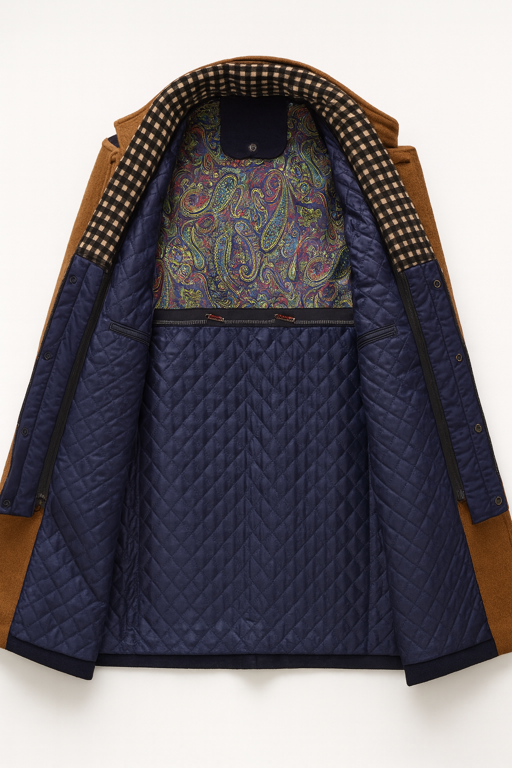 Men's Mid-Length Overcoat with Stand Collar and Contrast Lining - Godfrey - Navy