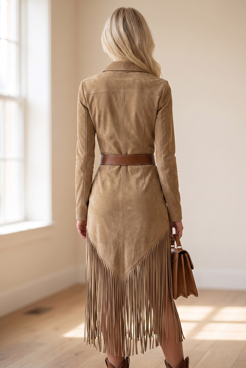 Women's Long-Sleeve Zip-Front Midi Dress with Fringe Hem and Belt - Yvaine - Khaki