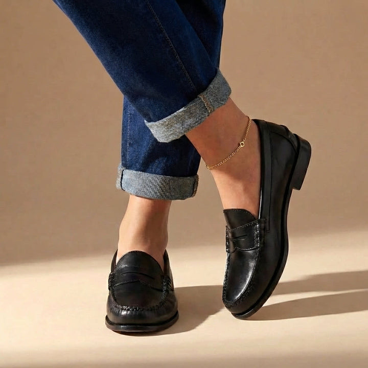Women's Slip-On Penny Loafers with Contrast Toe Stitching and Flat Sole in Three Colours - Leopold - Black