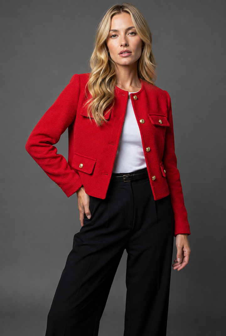 Women's Cropped Collarless Jacket with Gold-Tone Fastenings and Four Pockets - Hester - Red