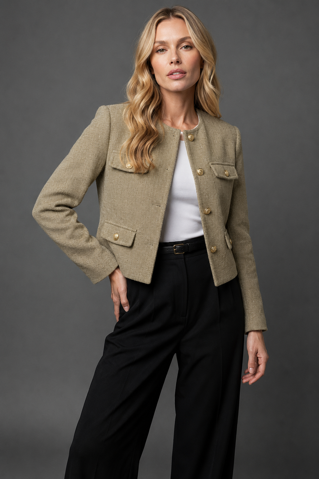 Women's Cropped Collarless Jacket with Gold-Tone Fastenings and Four Pockets - Hester - Olive
