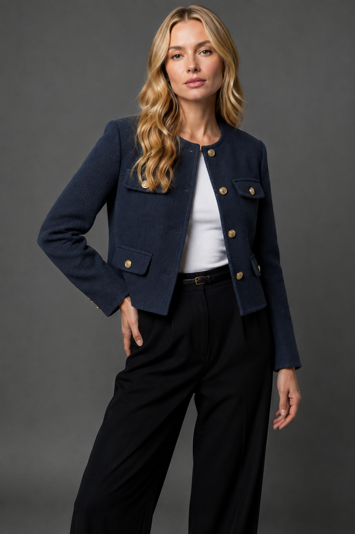 Women's Cropped Collarless Jacket with Gold-Tone Fastenings and Four Pockets - Hester - Navy