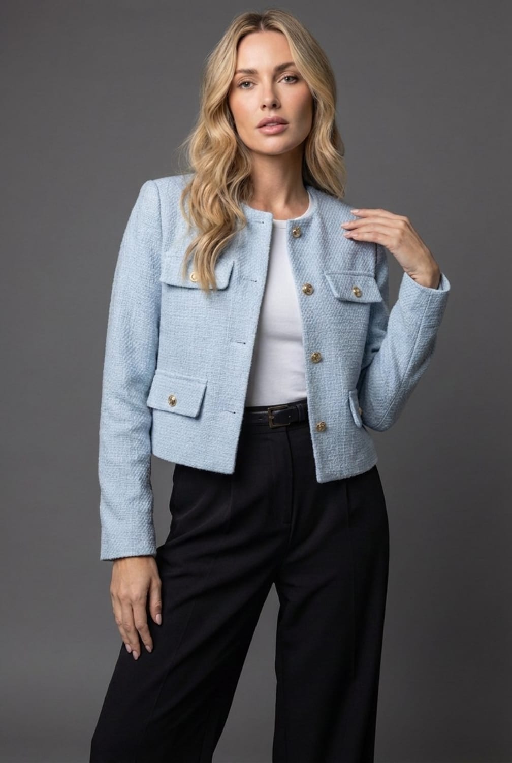 Women's Cropped Collarless Jacket with Gold-Tone Fastenings and Four Pockets - Hester - Powder Blue