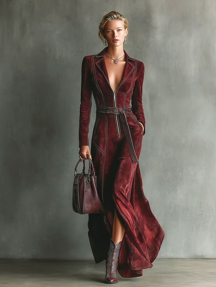 Women's Long-Sleeve Zip-Front Maxi Dress with Notched Collar and Belt - Ludovica - Burgundy