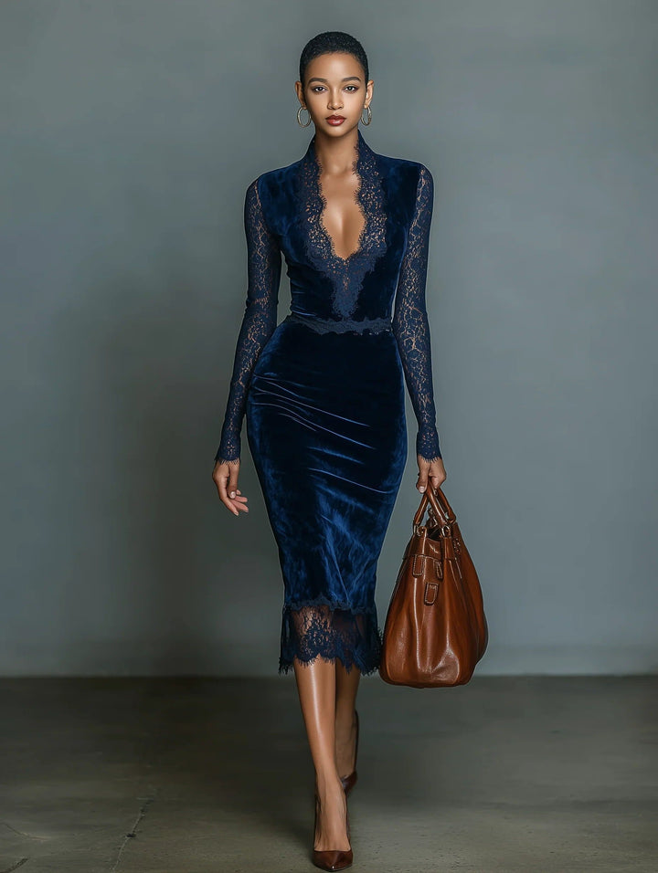 Women's Long-Sleeve Midi Dress with Plunge Neckline and Lace Sleeves - Seraphia - Midnight Blue
