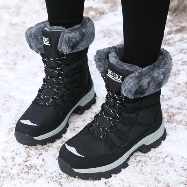Women's Lace-Up Winter Boots with Plush Collar and Chunky Tread Sole - Gwyneth - Black