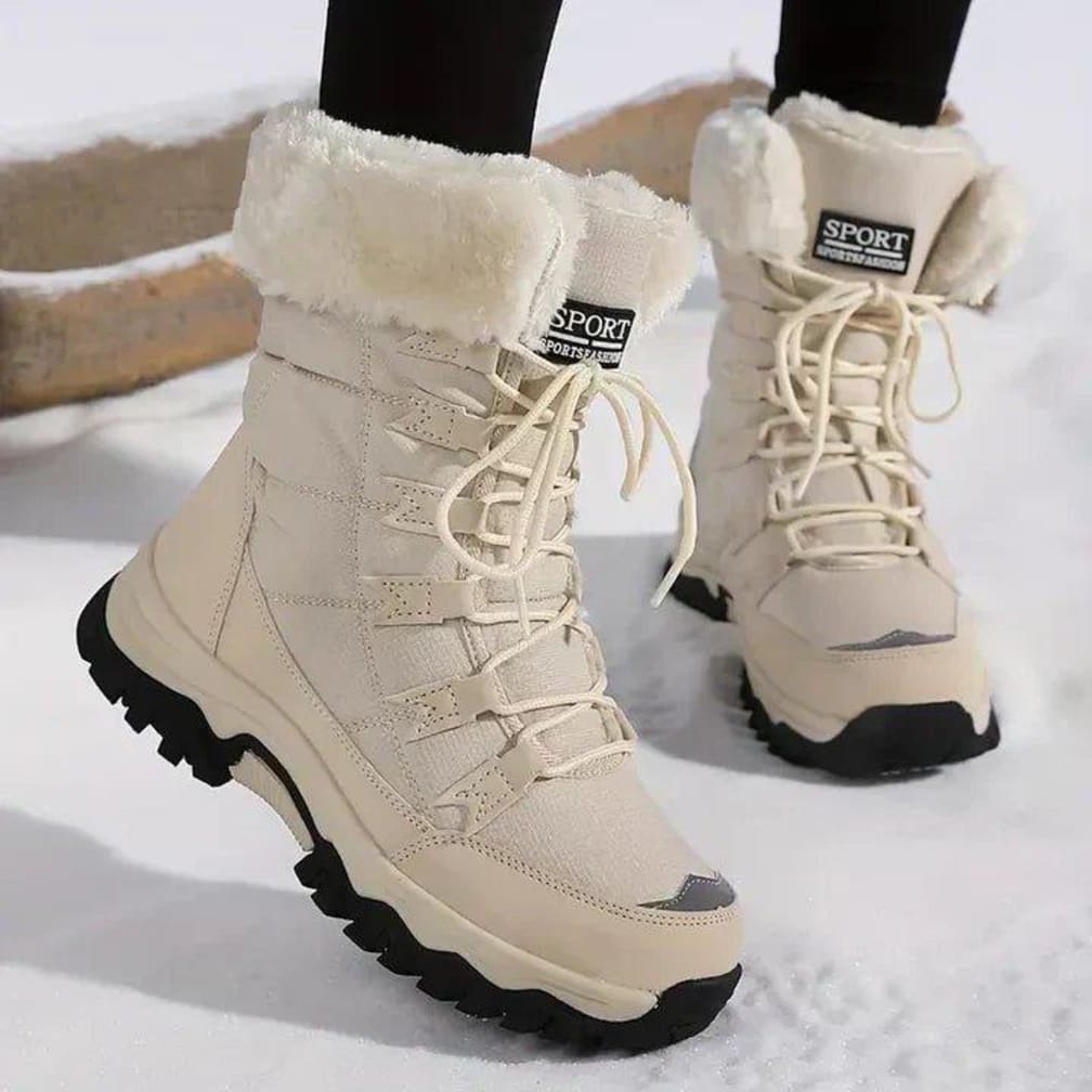 Women's Lace-Up Winter Boots with Plush Collar and Chunky Tread Sole - Gwyneth - Beige