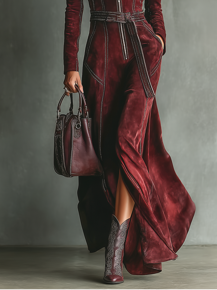 Women's Long-Sleeve Zip-Front Maxi Dress with Notched Collar and Belt - Ludovica - Burgundy