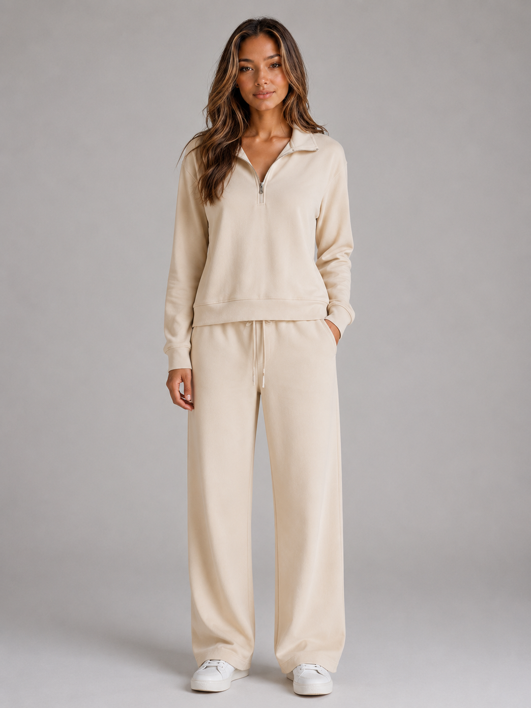 Women's Half-Zip Sweatshirt and Wide-Leg Trousers Lounge Set - Rosalyn - Cream