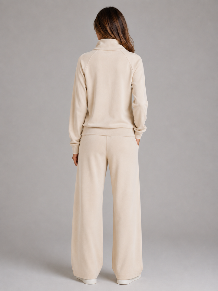 Women's Half-Zip Sweatshirt and Wide-Leg Trousers Lounge Set - Rosalyn - Cream