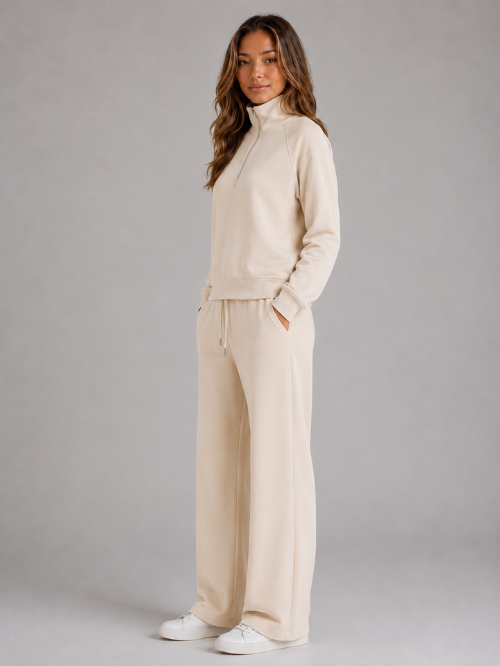 Women's Half-Zip Sweatshirt and Wide-Leg Trousers Lounge Set - Rosalyn - Cream