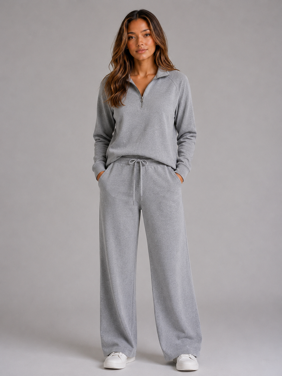 Women's Half-Zip Sweatshirt and Wide-Leg Trousers Lounge Set - Rosalyn - Light Grey