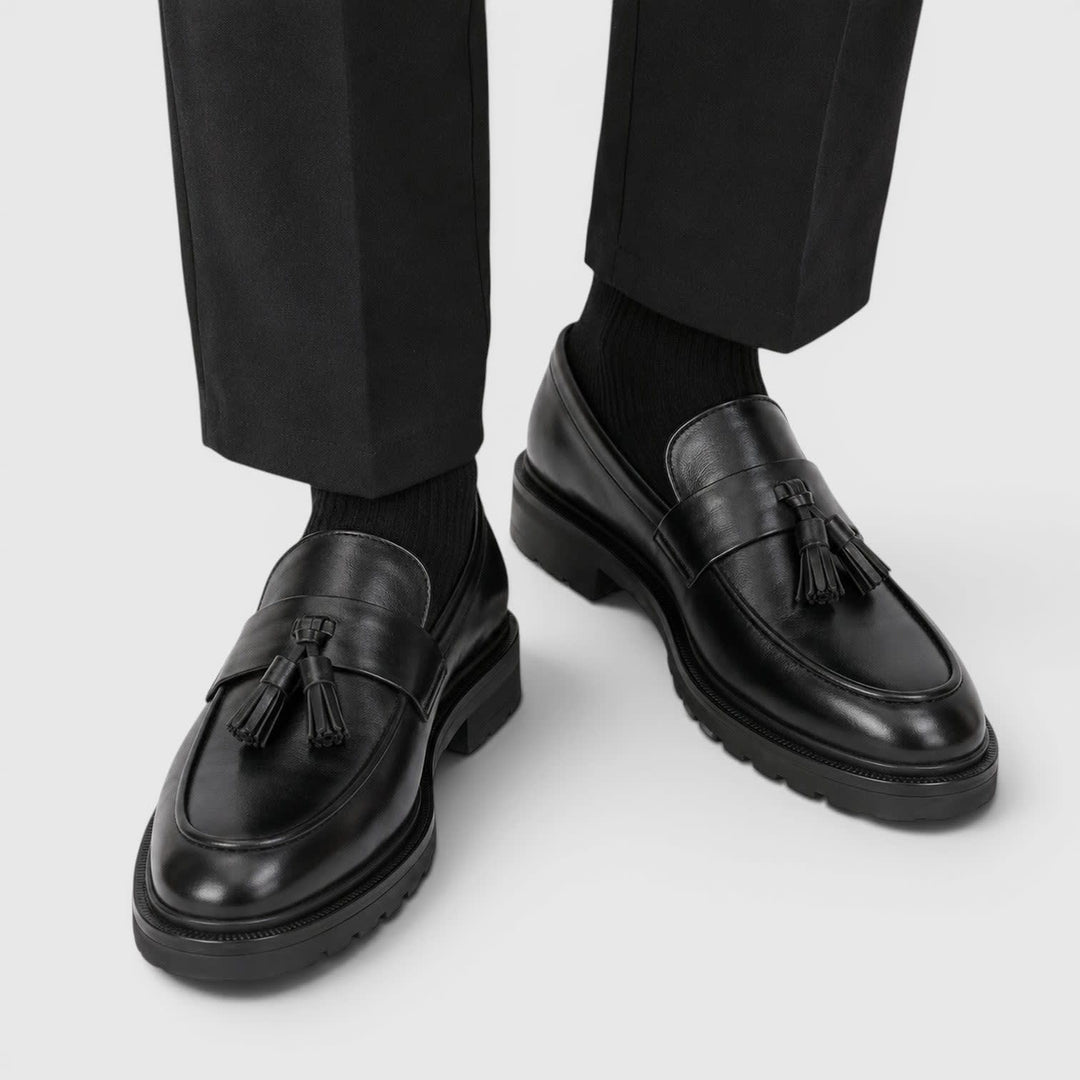 Men's Tassel Loafers with Chunky Lug Sole and Slip-On Fit - Corwin - Black