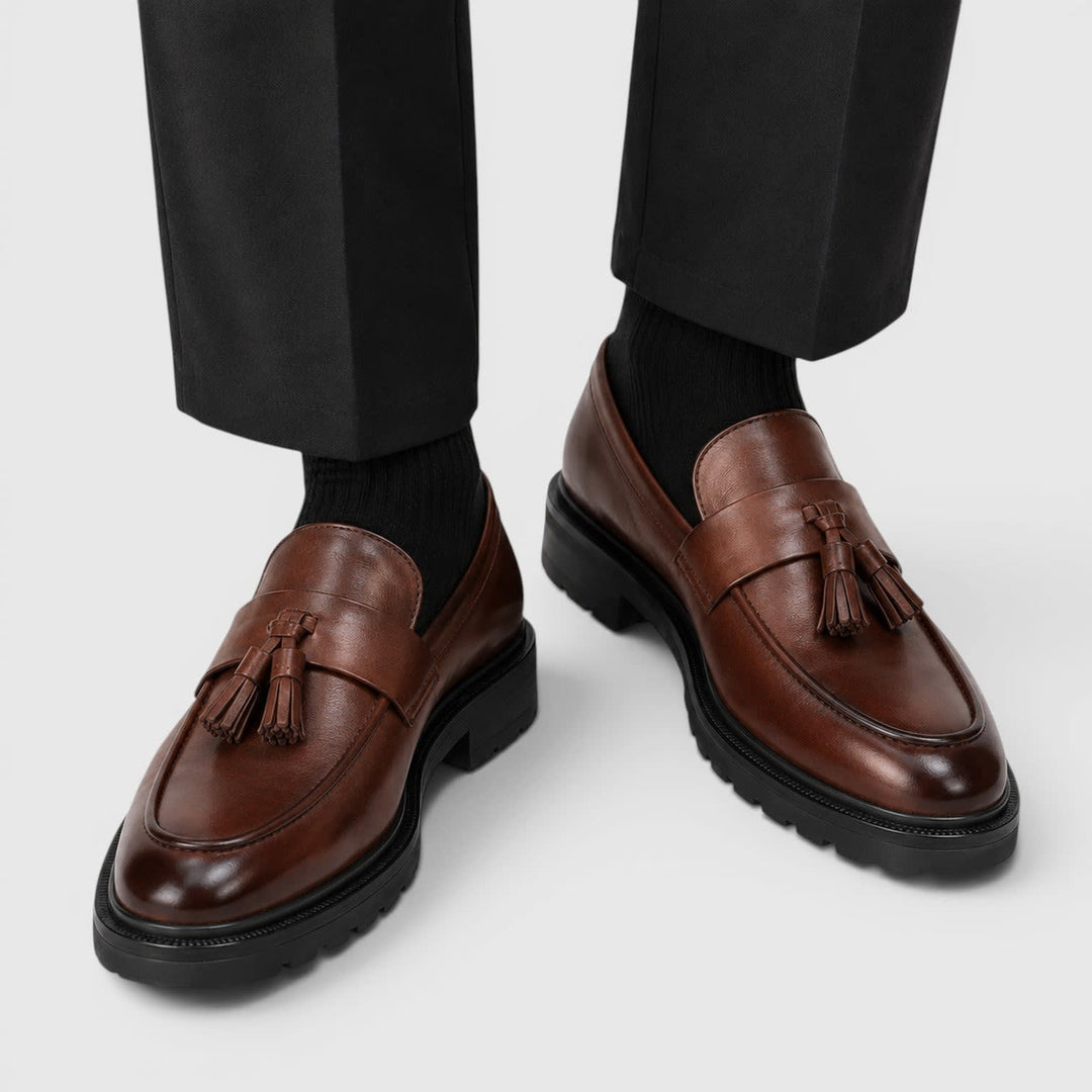 Men's Tassel Loafers with Chunky Lug Sole and Slip-On Fit - Corwin - Black