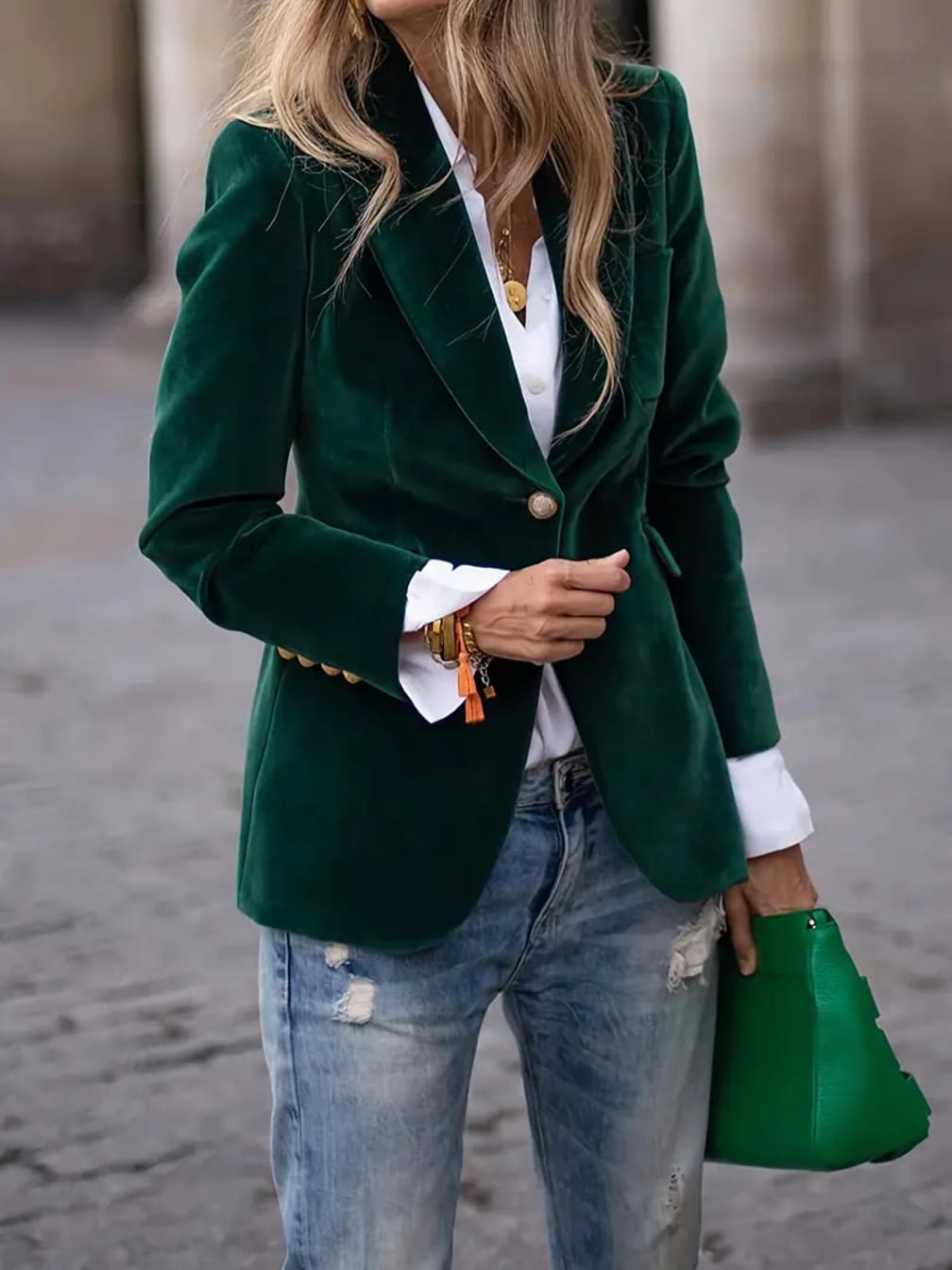 Women's Fitted Blazer with One-Button Closure and Notched Lapels - Briony - Forest Green