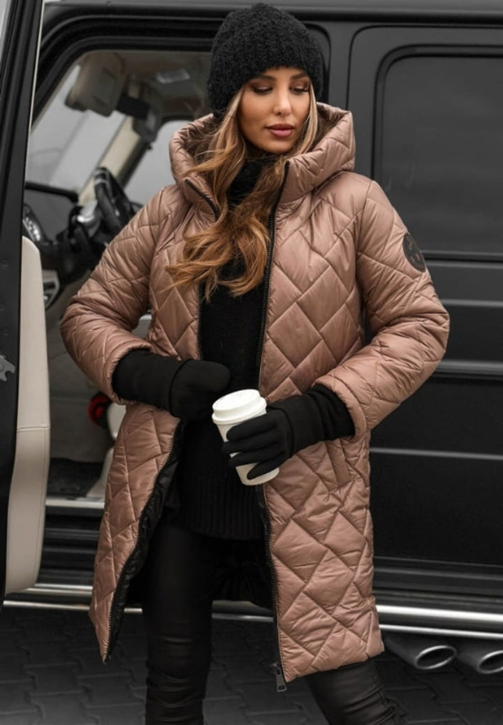 Women's Hooded Quilted Coat with Diamond Stitching and Sleeve Patch - Isolde - Mocha