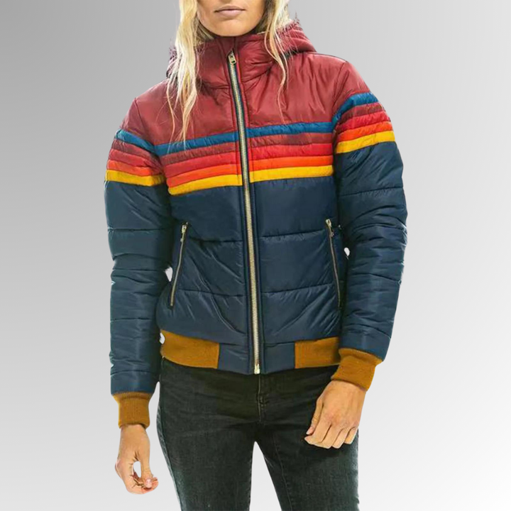 Women's Hooded Puffer Jacket with Rainbow Stripes and Ribbed Cuffs - Gawain - Navy