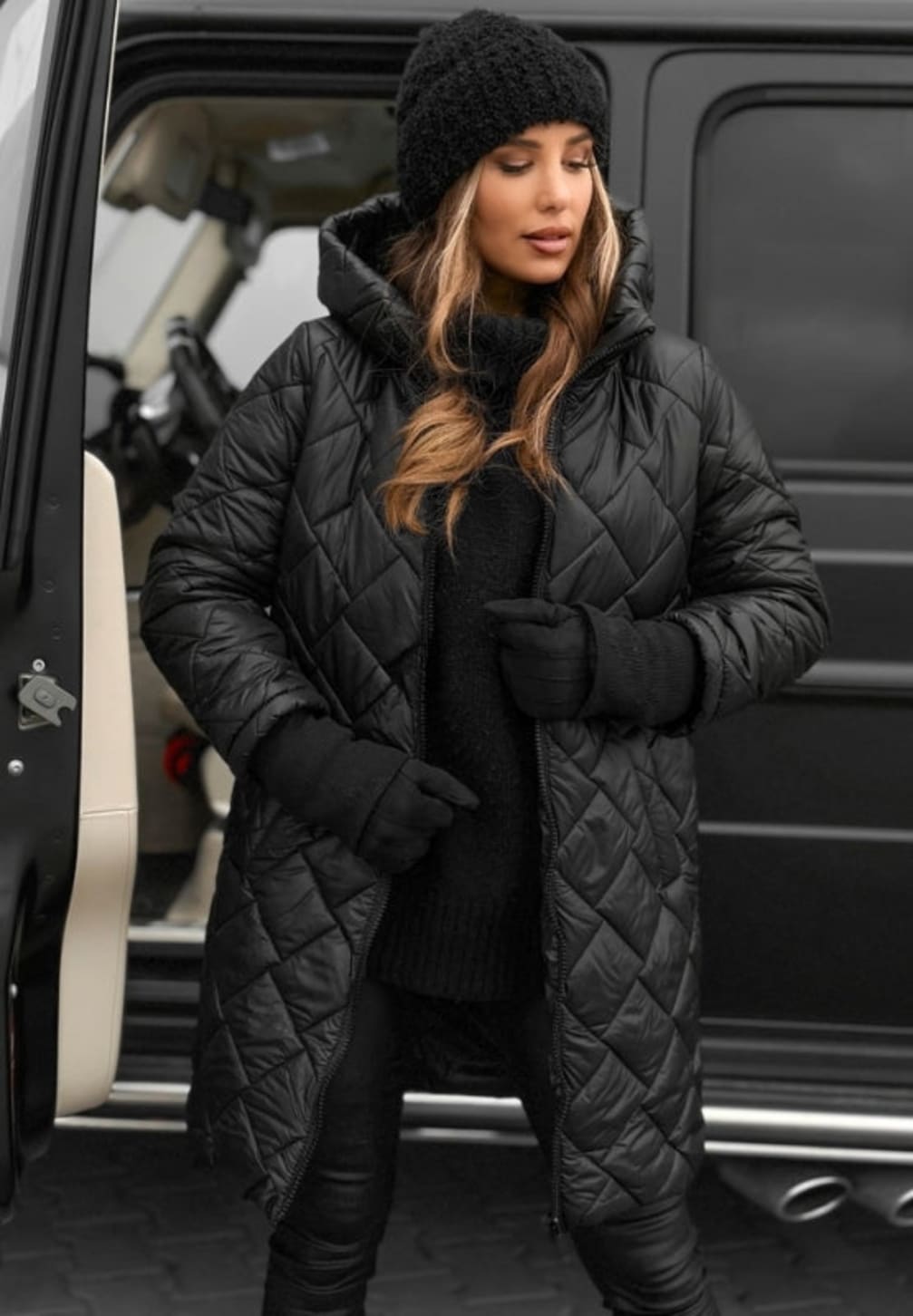 Women's Hooded Quilted Coat with Diamond Stitching and Sleeve Patch - Isolde - Black