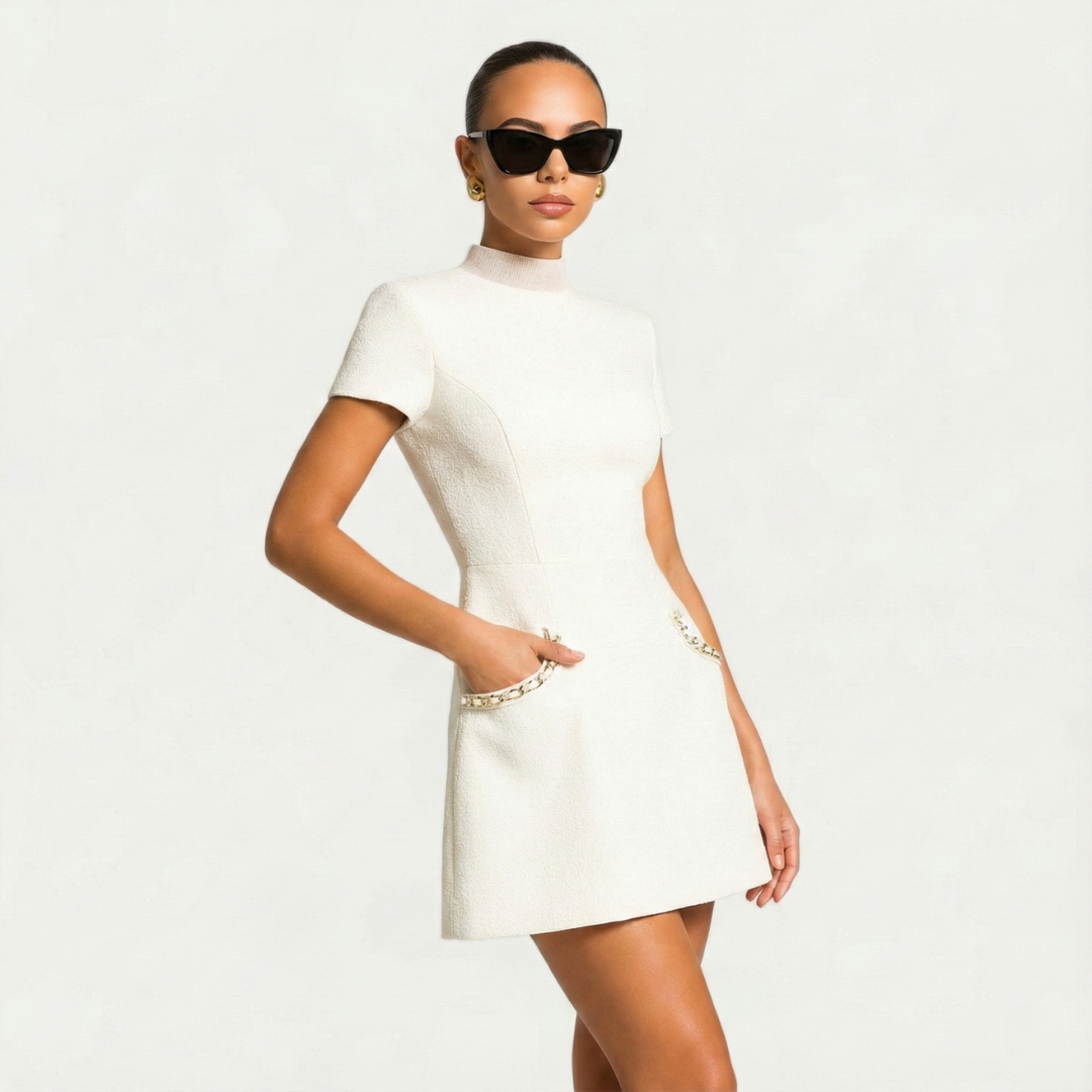 Women's Mini Dress with Mock Neck, Short Sleeves and Pearl-Trim Pockets - Clementine - Black