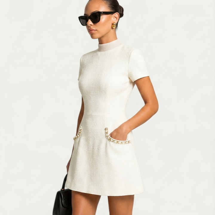 Women's Mini Dress with Mock Neck, Short Sleeves and Pearl-Trim Pockets - Clementine - Black