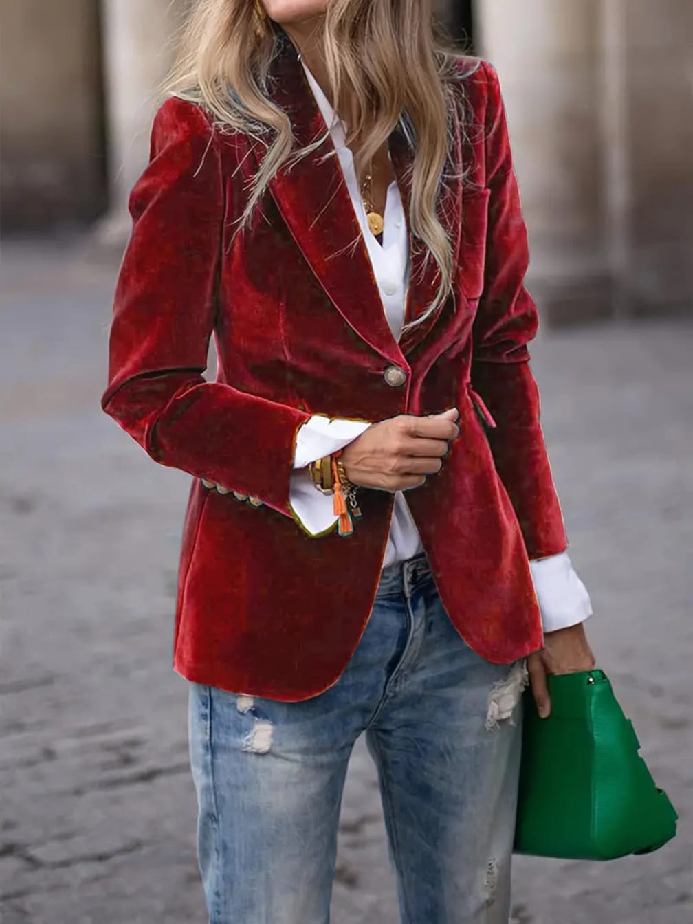 Women's Fitted Blazer with One-Button Closure and Notched Lapels - Briony - Red
