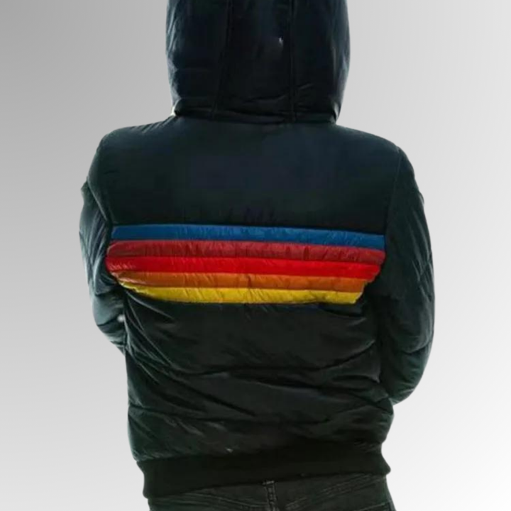 Women's Hooded Puffer Jacket with Rainbow Stripes and Ribbed Cuffs - Gawain - Navy