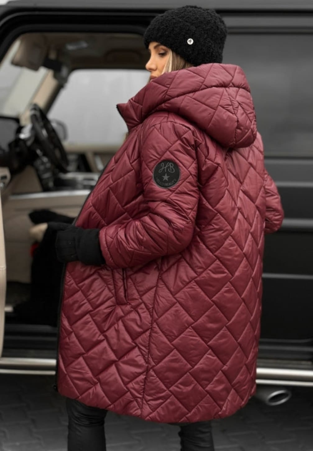 Women's Hooded Quilted Coat with Diamond Stitching and Sleeve Patch - Isolde - Mocha