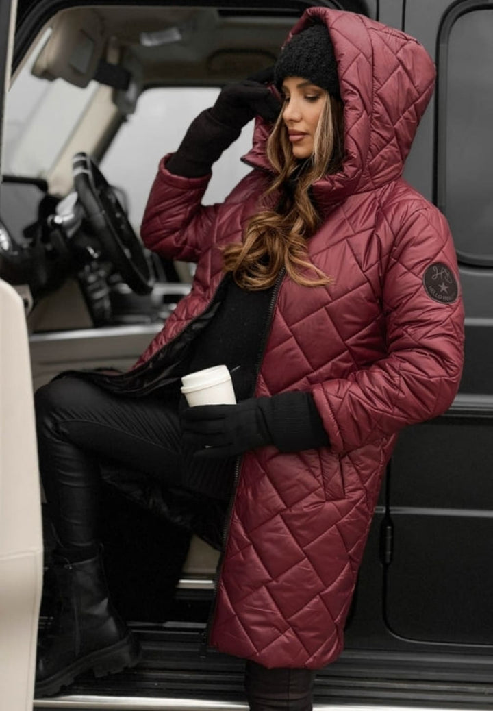 Women's Hooded Quilted Coat with Diamond Stitching and Sleeve Patch - Isolde - Mocha