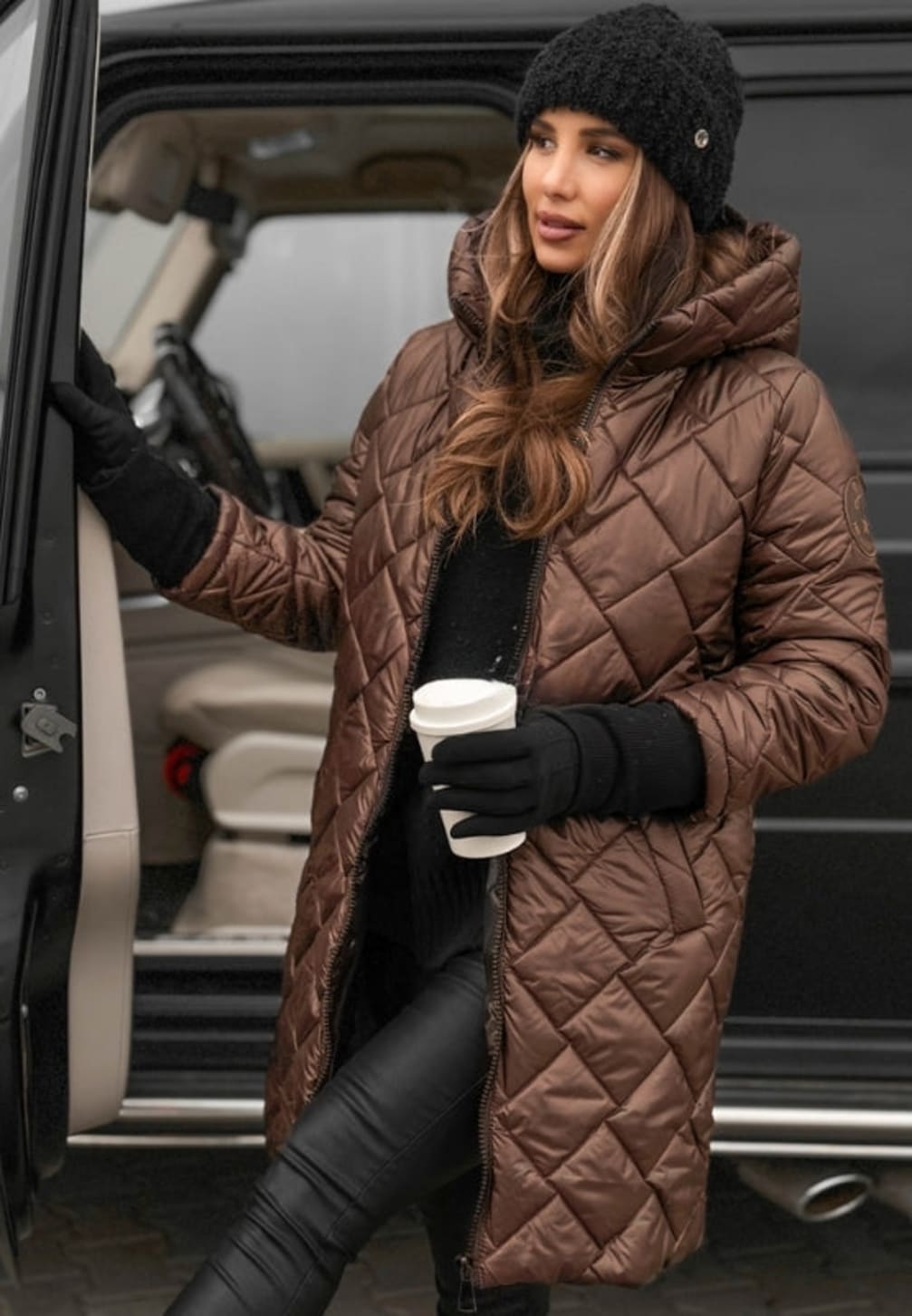 Women's Hooded Quilted Coat with Diamond Stitching and Sleeve Patch - Isolde - Chocolate