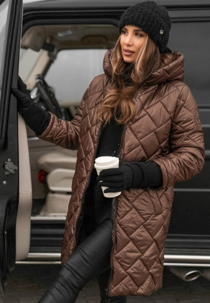 Women's Hooded Quilted Coat with Diamond Stitching and Sleeve Patch - Isolde - Chocolate