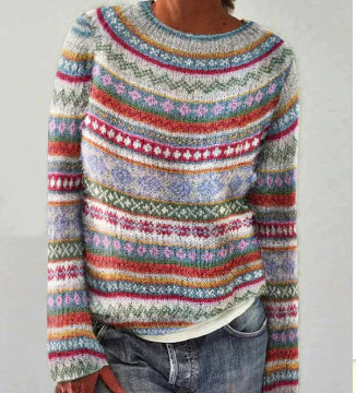Women's Crew-Neck Knit Jumper in Red / White / Orange
