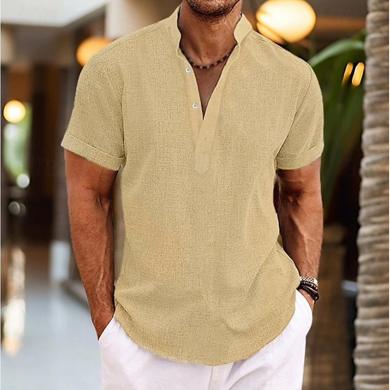 Men's short-sleeve button henley shirt in Yellow