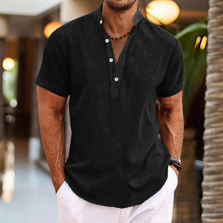 Men's short-sleeve button henley shirt in Black