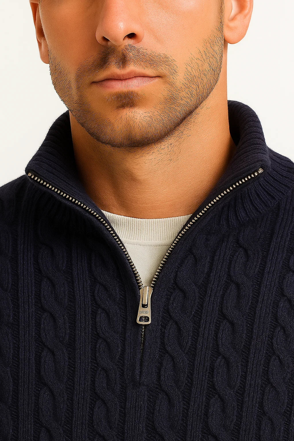 Konrad men's cable knit zip-collar jumper detail view