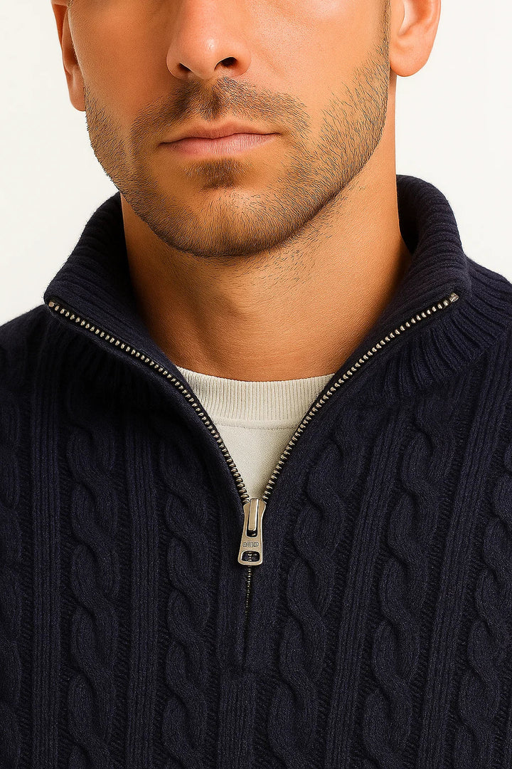 Konrad men's cable knit zip-collar jumper detail view
