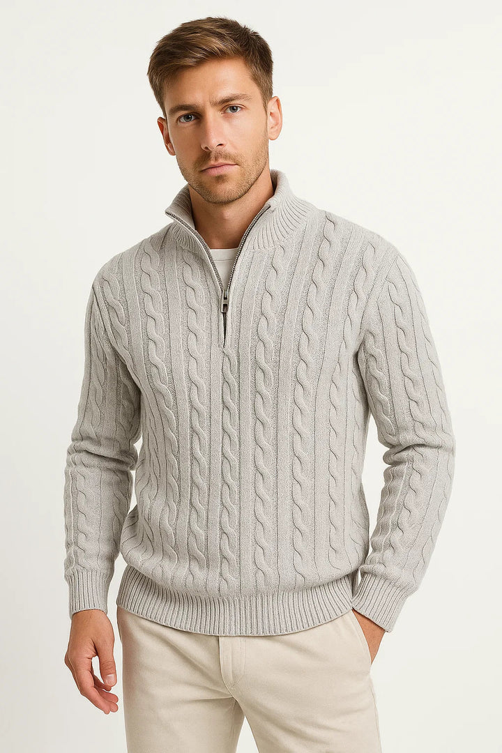 Konrad men's cable knit zip-collar jumper in light grey