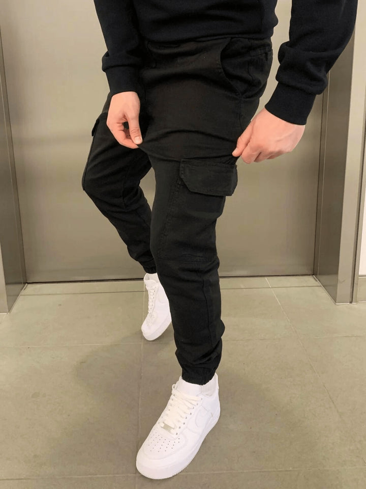 Men's Cargo Joggers with Drawstring Waist - Ambrose - Black