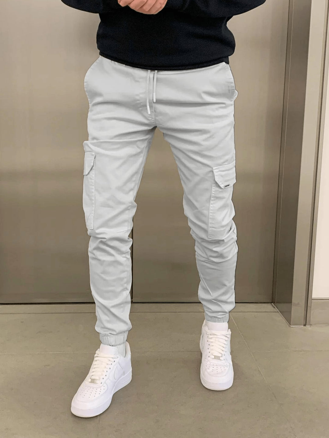 Men's Cargo Joggers with Drawstring Waist - Ambrose - Light Grey