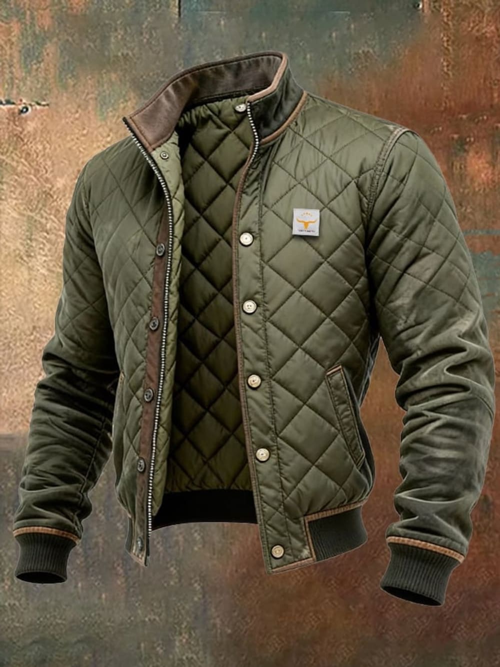 Men's Diamond Quilted Bomber Jacket with Stand Collar - Cormac - Olive