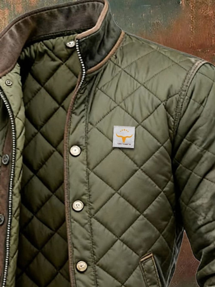 Men's Diamond Quilted Bomber Jacket with Stand Collar - Cormac - Olive