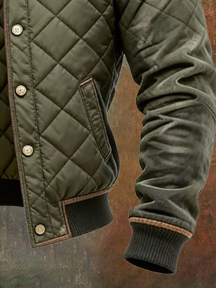 Men's Diamond Quilted Bomber Jacket with Stand Collar - Cormac - Olive