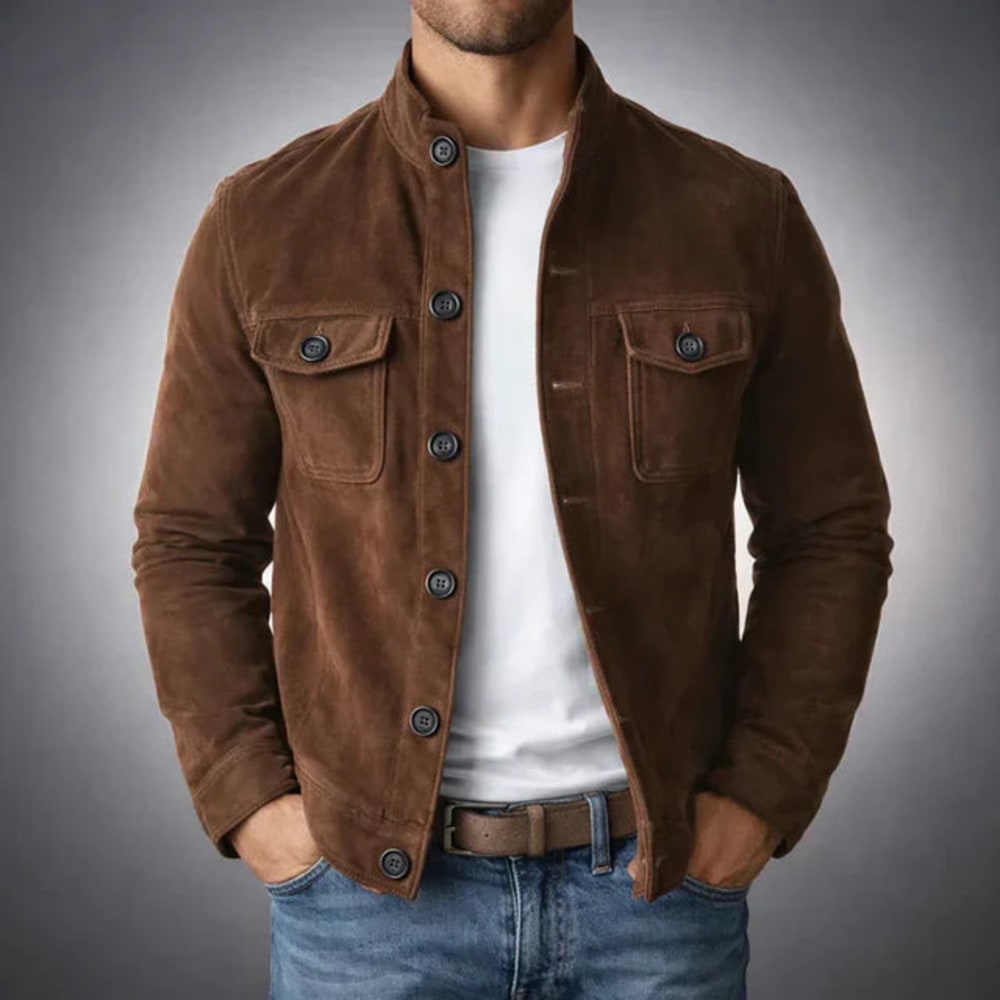 Men's Faux Suede Button Jacket with Chest Pockets - Rupert - Brown