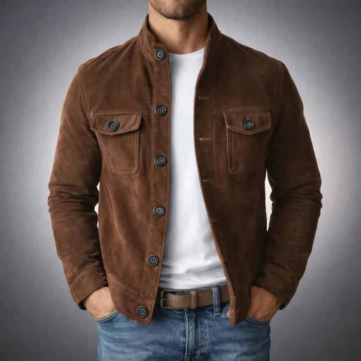Men's Faux Suede Button Jacket with Chest Pockets - Rupert - Brown