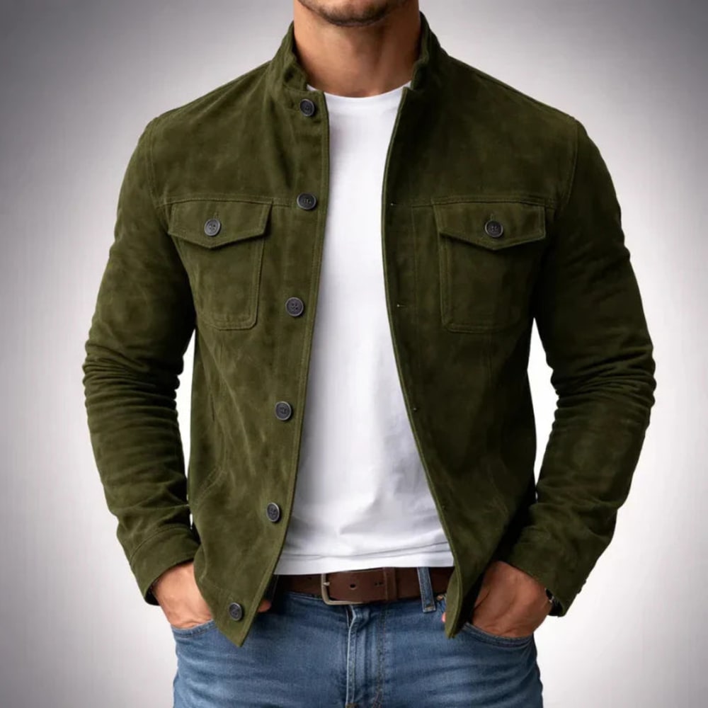 Men's Faux Suede Button Jacket with Chest Pockets - Rupert - Olive