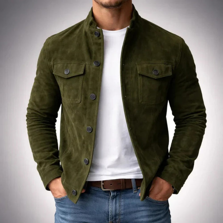 Men's Faux Suede Button Jacket with Chest Pockets - Rupert - Olive