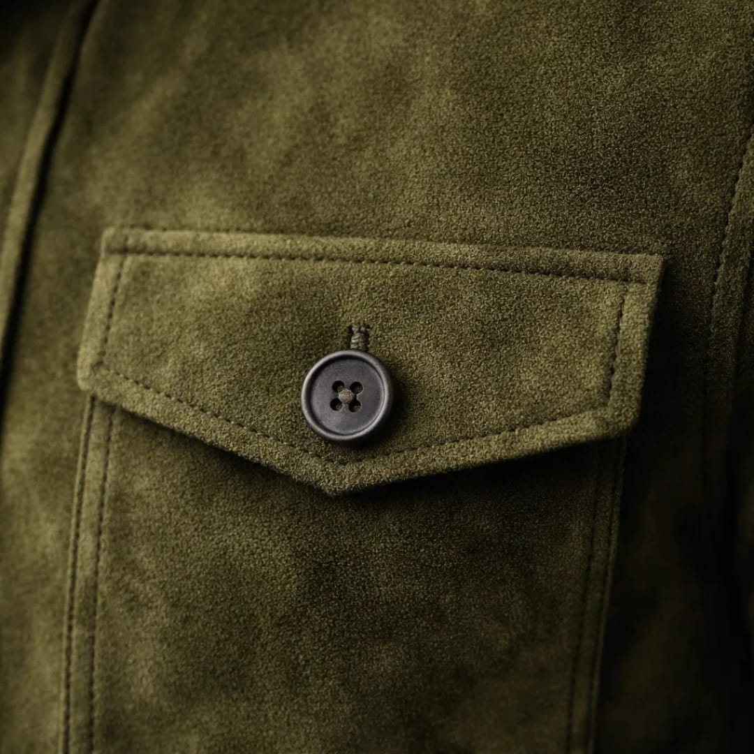Men's Faux Suede Button Jacket with Chest Pockets - Rupert - Olive