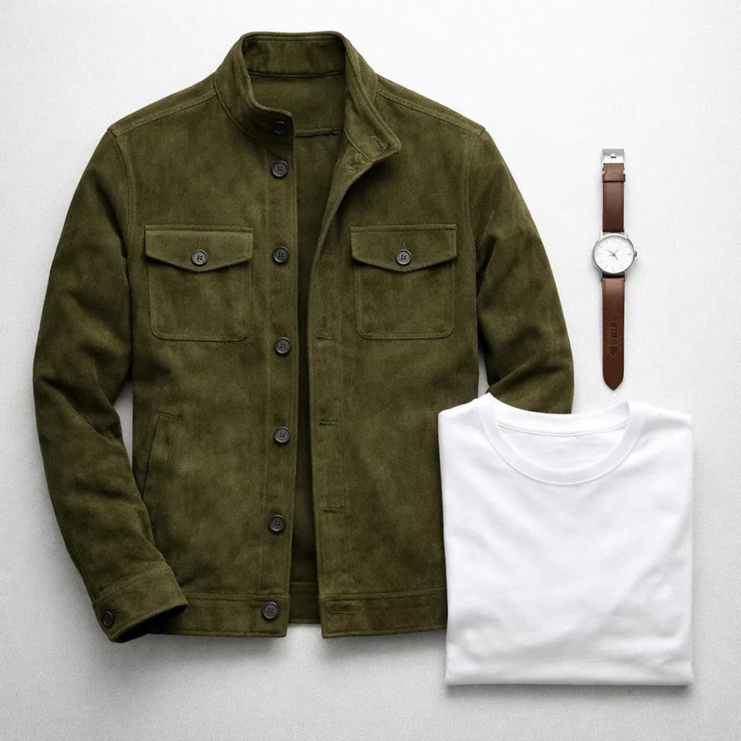Men's Faux Suede Button Jacket with Chest Pockets - Rupert - Olive