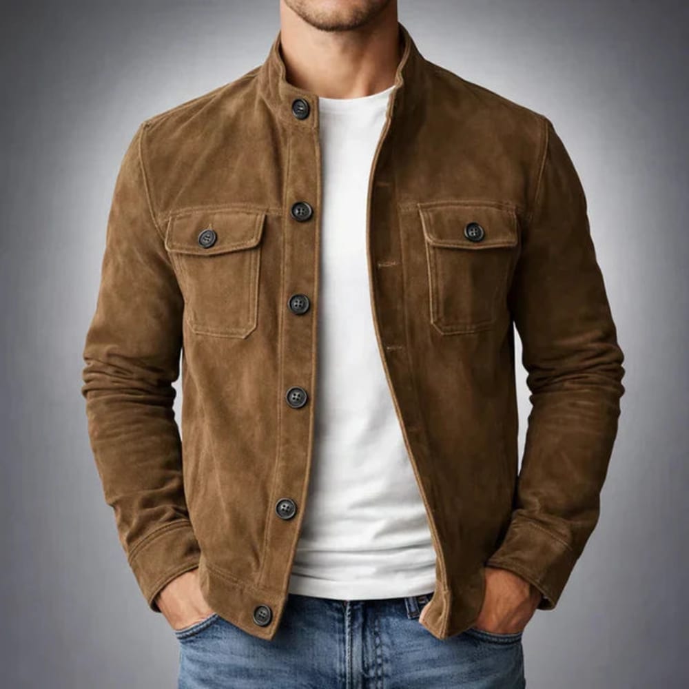Men's Faux Suede Button Jacket with Chest Pockets - Rupert - Tan