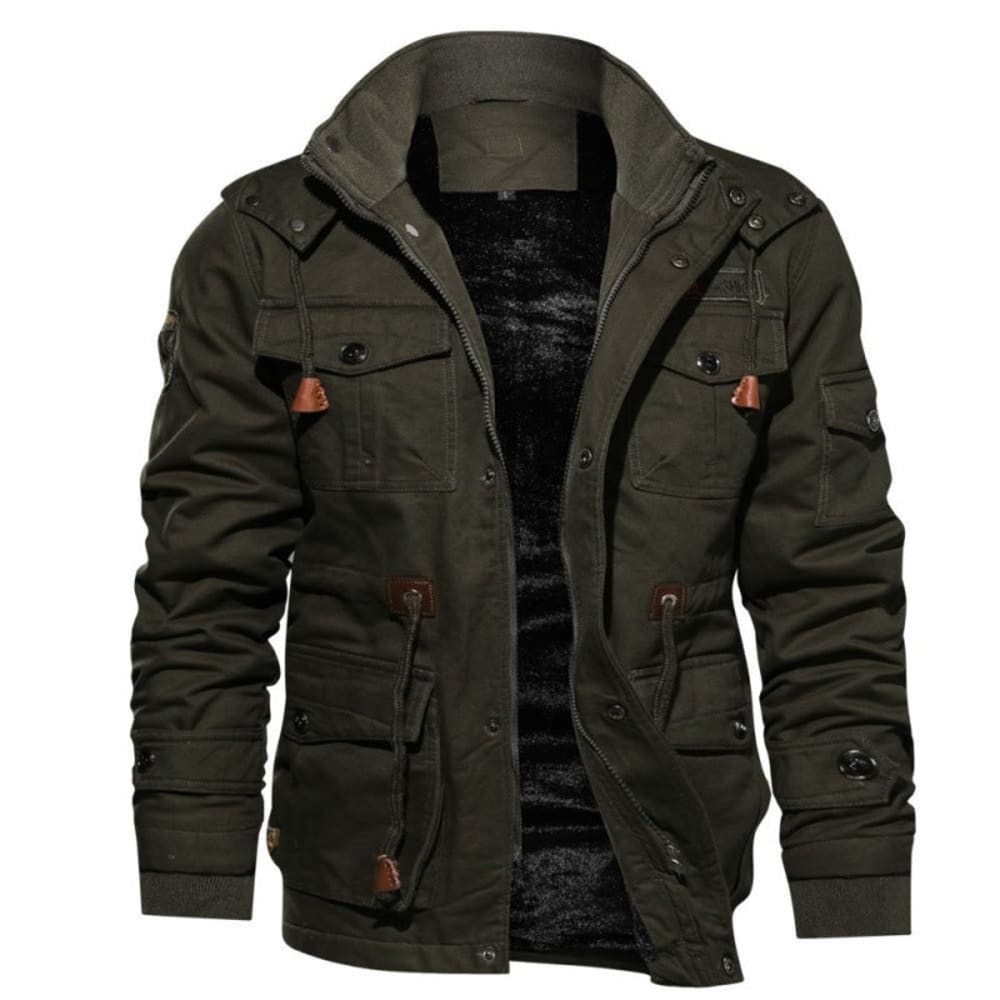 Men's Fleece Lined Cargo Jacket with Stand Collar - Monty - Army Green