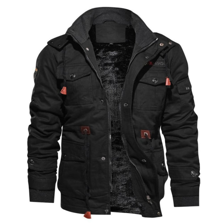 Men's Fleece Lined Cargo Jacket with Stand Collar - Monty - Black